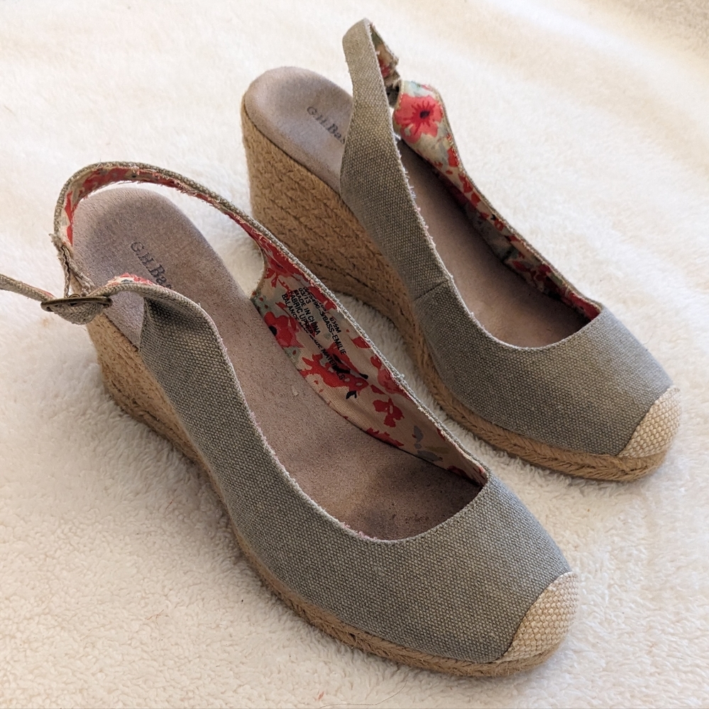 G.H. Bass & Co. tan canvas wedge sandals with back strap. Size 6 1/2